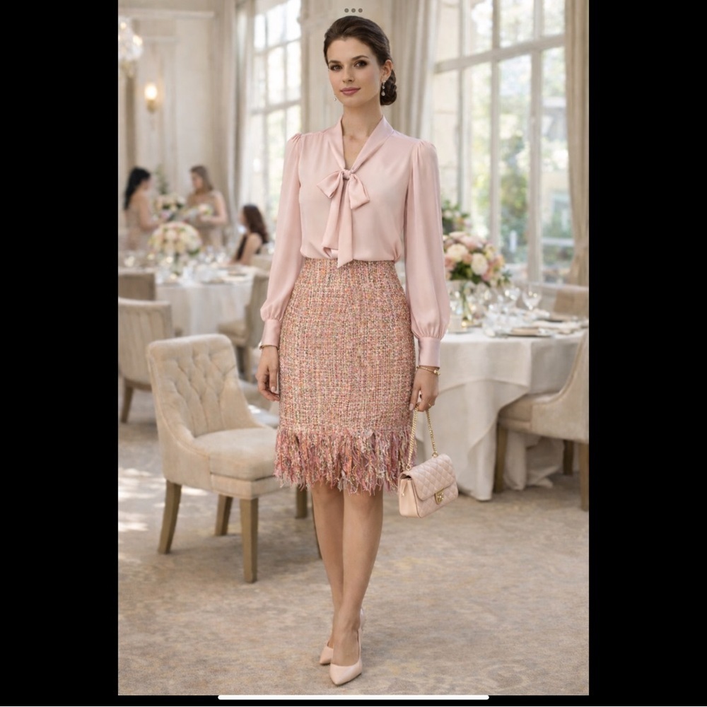 Pink Metallic Tweed Fringe Pencil Skirt Parisian Statement